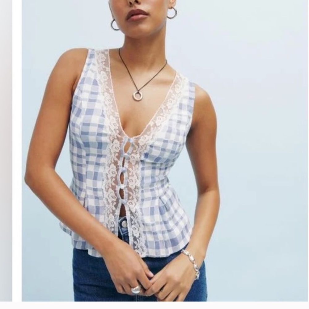 Reformation Cristina Lace-Trimmed Blue and White Tank/ Top Sz 8 worn once